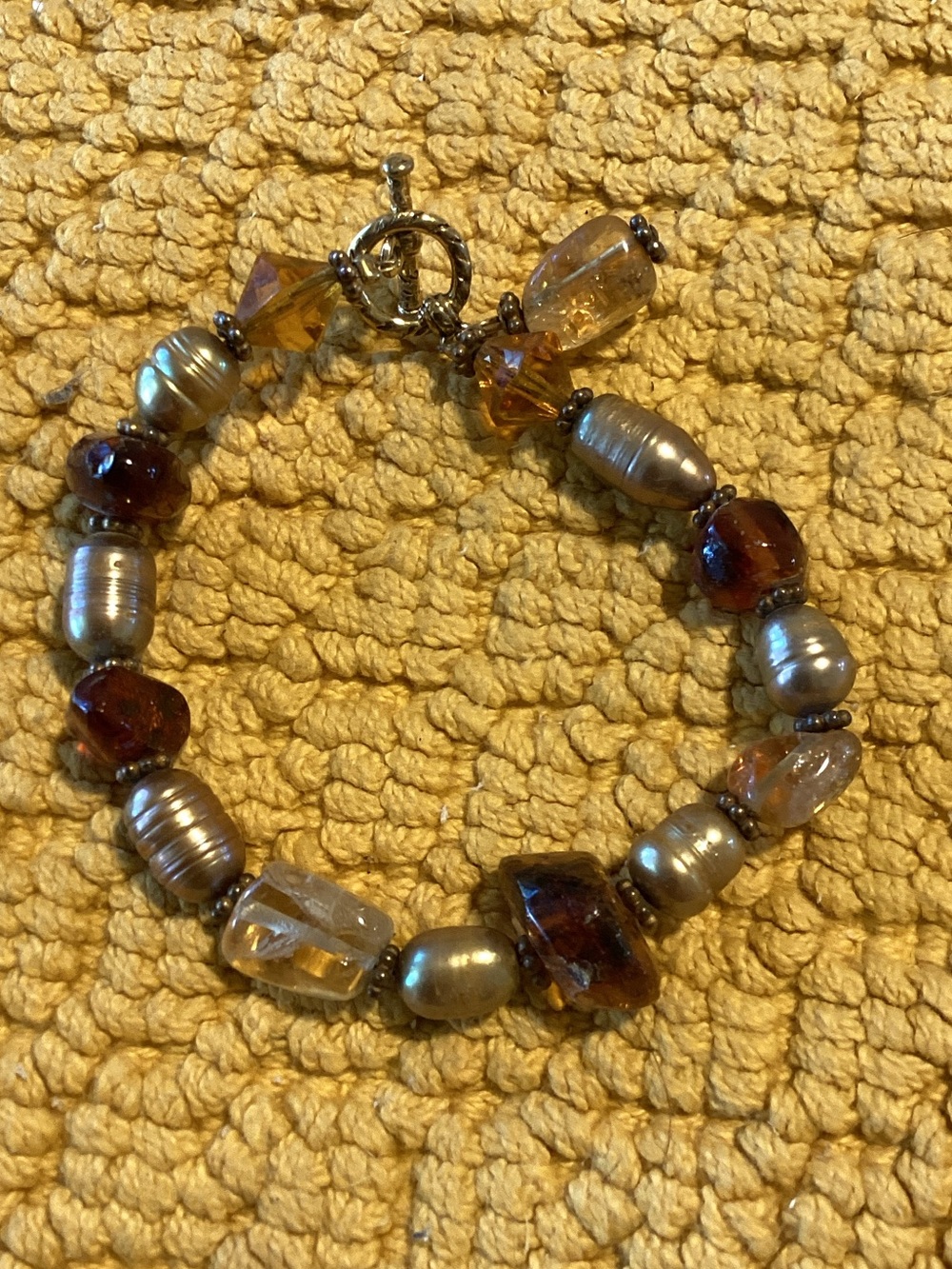 Gold Pearl and Amber Beaded Toggle Bracelet